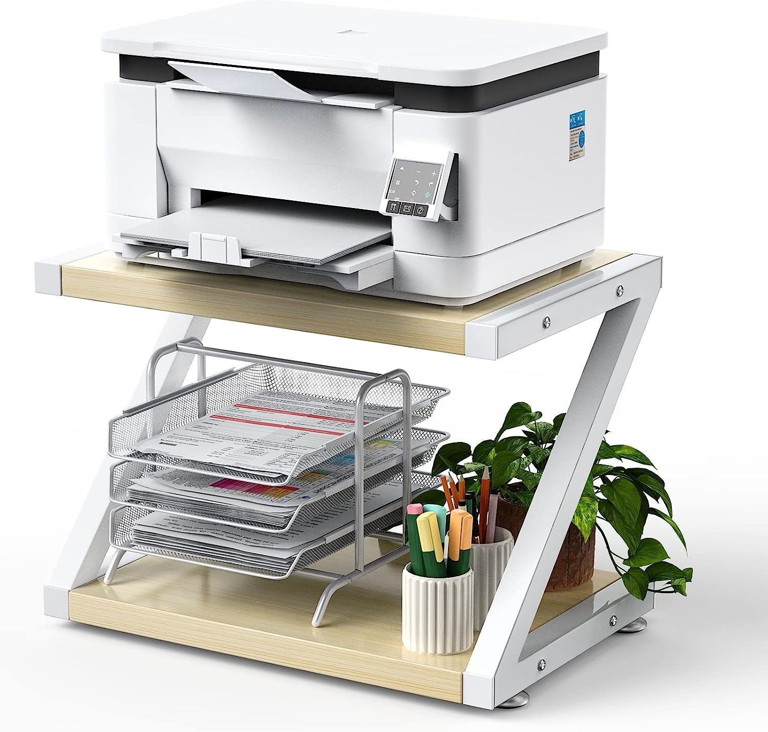 Printer Stand, Desktop Stand for Printer, Printer Stand with Storage, Printer Table Organizer, Printer Shelf W/ 2 Tier Tray & Hardware & Steel