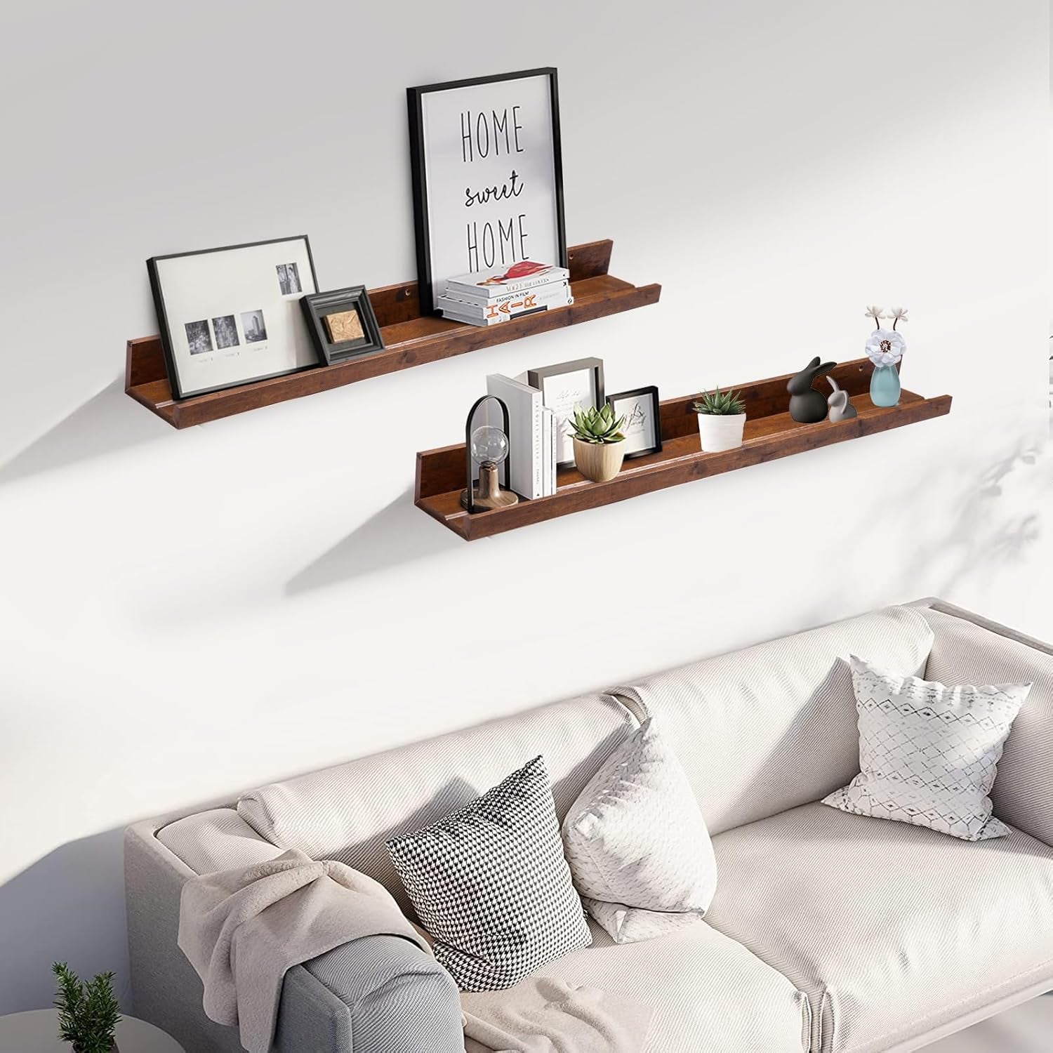 35.4" Large Floating Wall Ledge Shelves with Lip - Set of 2 Rustic Wood Floating Shelves - Honey Brown Wall Mounted Picture Ledge for Office, Bathroom, Bedroom, Living Room, Kitchen