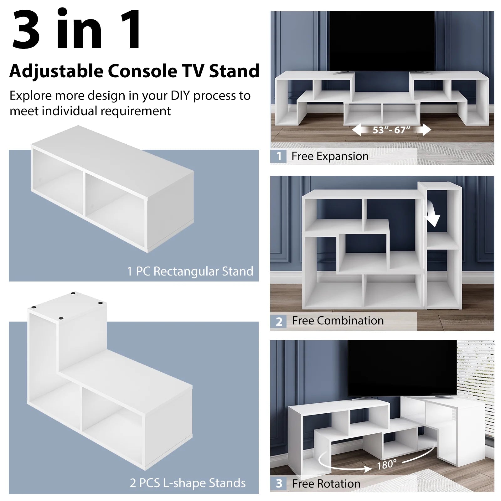 3 Pcs TV Stand for Tv'S up to 65" Console Entertainment Center Bookcase Shelves White