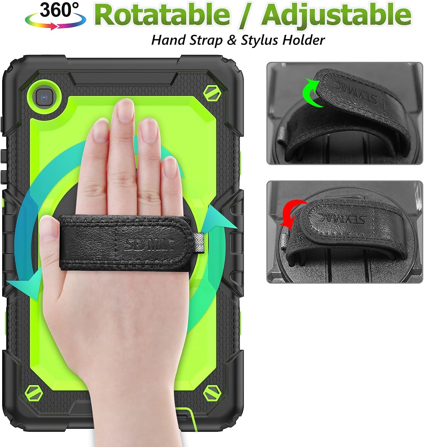 Case for Samsung Galaxy Tab A7 Lite 8.7'' with Screen Protector Pencil Holder [360 Rotating Hand Strap] &Stand, Drop-Proof Case for Samsung A7 Lite 2021 SM-T220/T225/T227, Green/Black