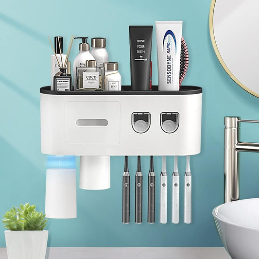 2 Automatic Toothpaste Dispensers,  Toothbrush Holder with Squeezer Kit Wall-Mounted, Multifunctional Bathroom Organizer, 2 Magnetic Cups(2 Cups)