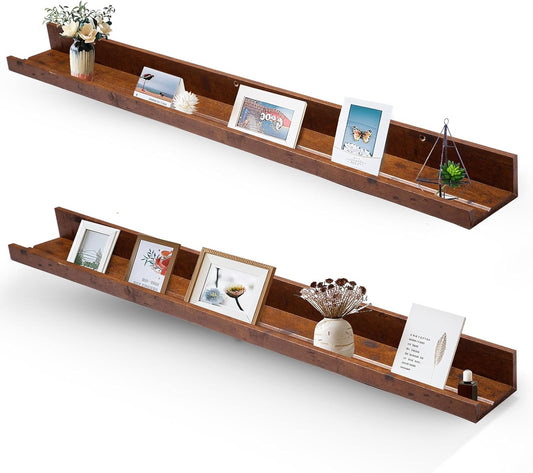 45.3" Large Floating Wall Ledge Shelves with Lip - Set of 2 Rustic Wood Floating Shelves - Honey Brown Wall Mounted Picture Ledge for Office, Bathroom, Bedroom, Living Room, Kitchen