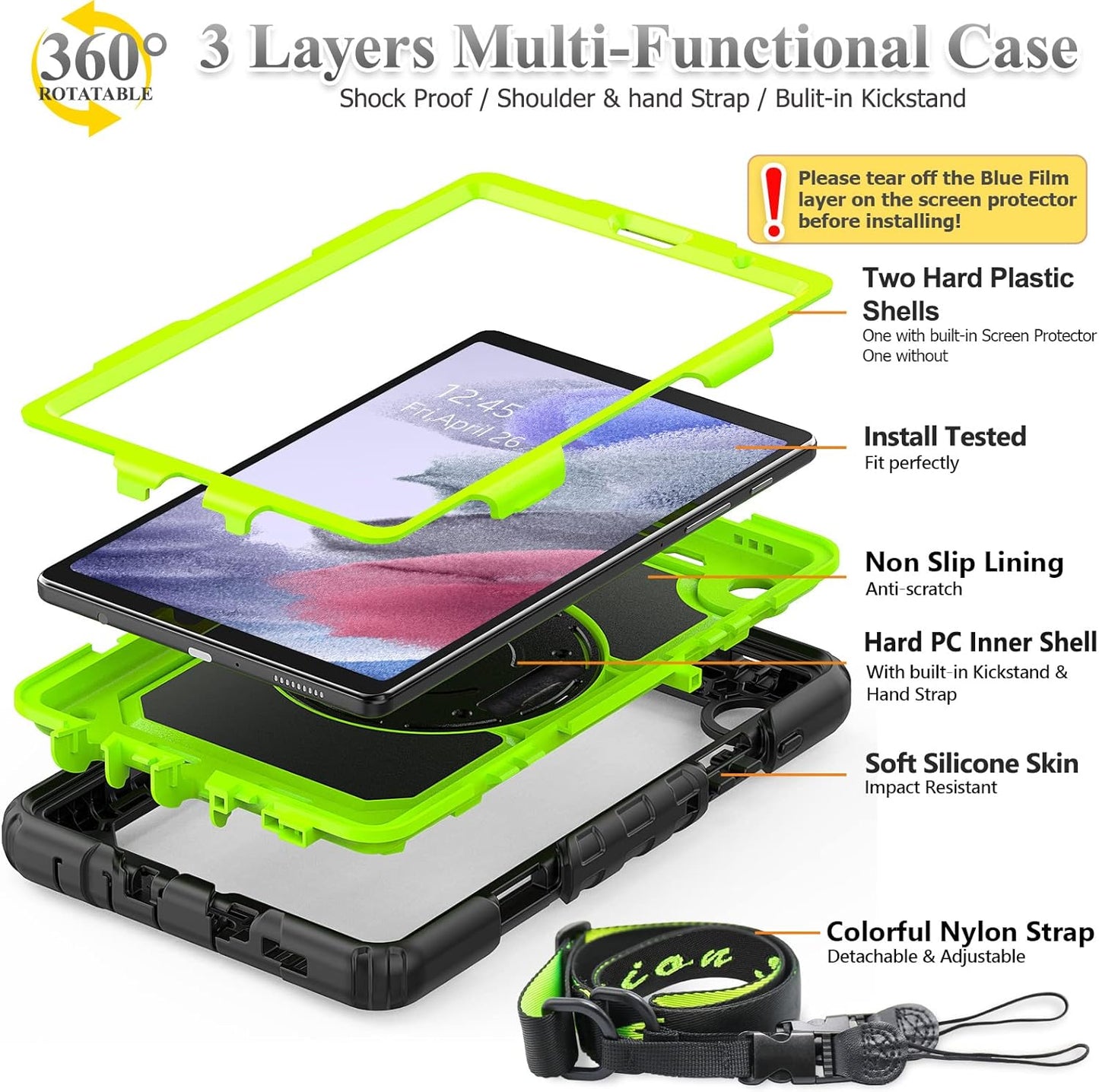 Case for Samsung Galaxy Tab A7 Lite 8.7'' with Screen Protector Pencil Holder [360 Rotating Hand Strap] &Stand, Drop-Proof Case for Samsung A7 Lite 2021 SM-T220/T225/T227, Green/Black