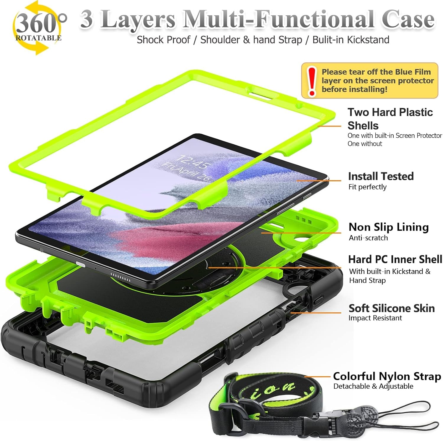 Case for Samsung Galaxy Tab A7 Lite 8.7'' with Screen Protector Pencil Holder [360 Rotating Hand Strap] &Stand, Drop-Proof Case for Samsung A7 Lite 2021 SM-T220/T225/T227, Green/Black