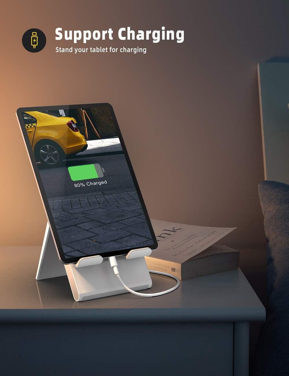 Tablet Stand Holder Adjustable - Foldable Desktop Stand Charging Dock for Desk Compatible with 4-13" Tablet Such as Ipad Pro 11, 9.7, 10.5, 12.9 Air Mini 4 3 2, Kindle, Nexus, Tab - White