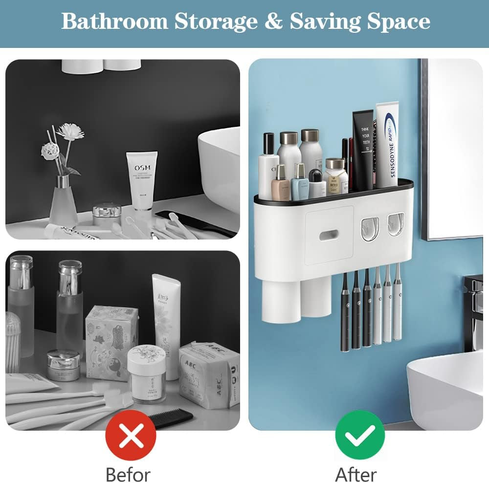 2 Automatic Toothpaste Dispensers,  Toothbrush Holder with Squeezer Kit Wall-Mounted, Multifunctional Bathroom Organizer, 2 Magnetic Cups(2 Cups)
