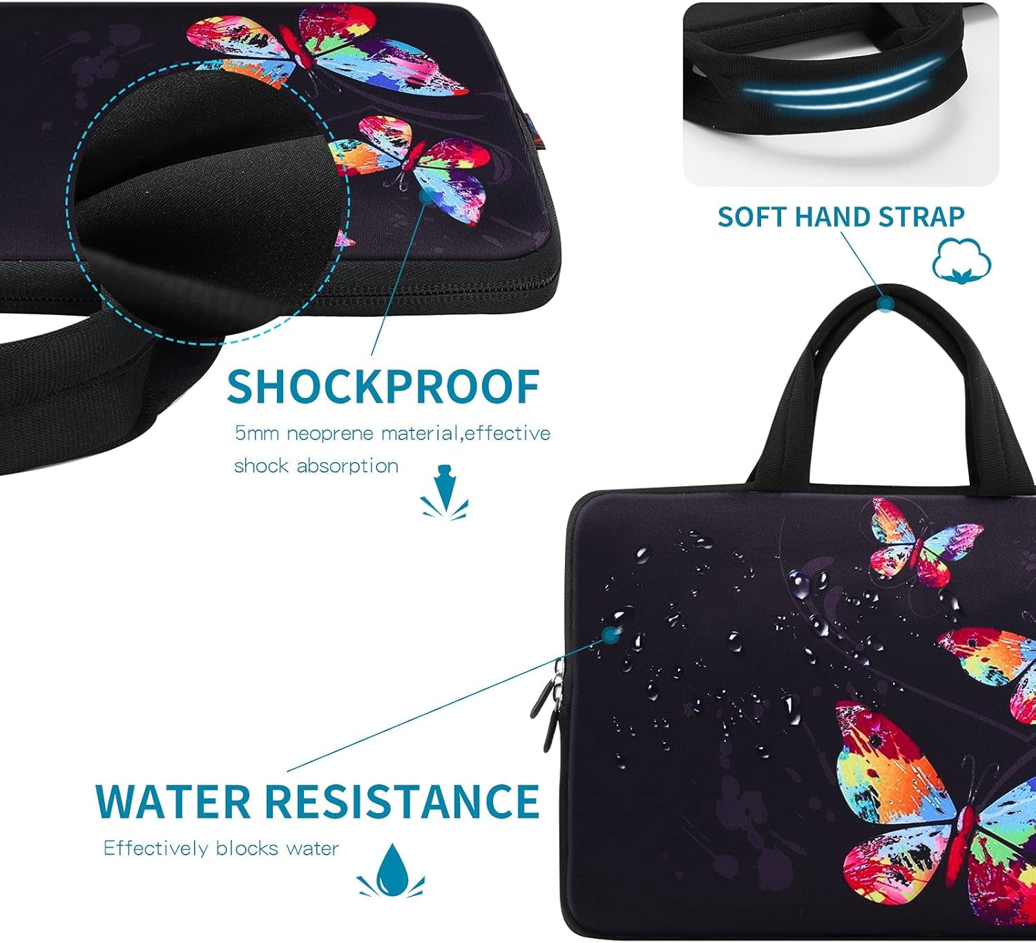 14.5 15 15.4 15.6 Inch Laptop Bag Sleeve Carrying Case with Handle - Portable Chromebook/Ultrabook/Notebook/Netbook Case Pouch - Computer Protective Cover Travel Briefcase, Butterflies