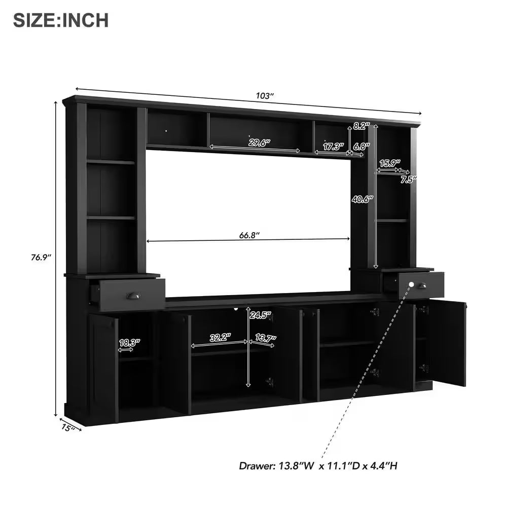 Black Minimalist Entertainment Center Fits Tv'S up to 75 In. with Bridge and Adjustable Shelves