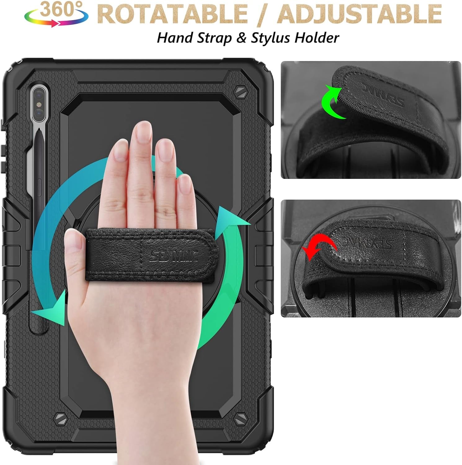 Case for Samsung Galaxy Tab S7 FE / S8 plus 5G Case 12.4'' with Screen Protector Pencil Holder [360 Rotating Hand Strap] &Stand, Drop-Proof, Black