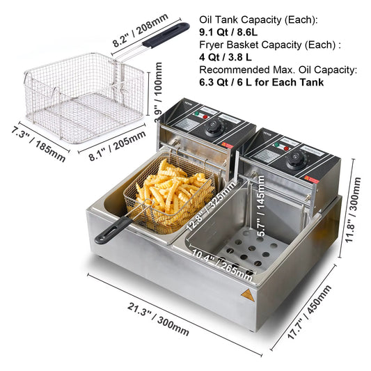 Commercial Electric Deep Fryer W/Dual Tanks 12L Countertop Fryer W/Oil Filter and Timed for Fried Chicken French Frie