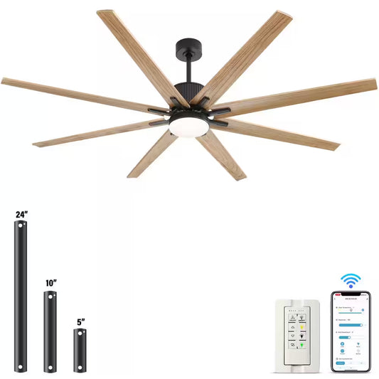 76 In. Indoor/Outdoor Smart Black Ceiling Fan with LED Light Remote 8 Wood Blades Works with Phone