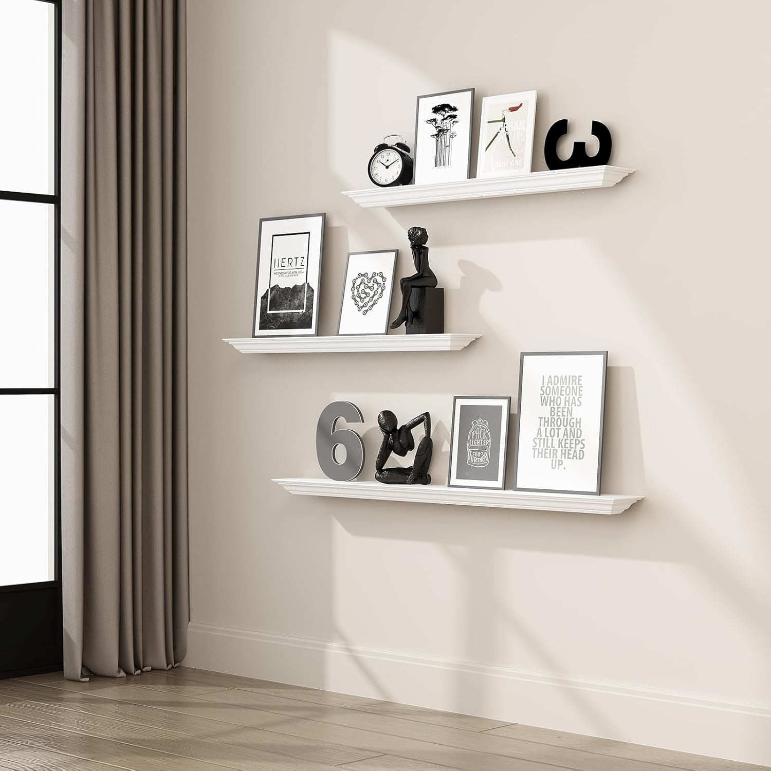 36 Inch Solid Pine Wood Floating Shelves Wall Mounted,Corona Crown Molding Floating Wall Display Shelf,White Finished.