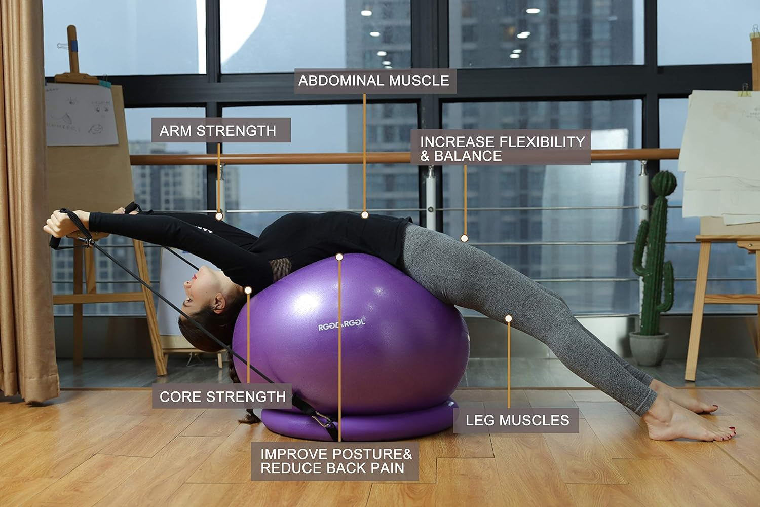 Yoga Ball Chair, Exercise Ball with Leak-Proof Design, Stability Ring&2 Adjustable Resistance Bands for Any Fitness Level, 1.5 Times Thicker Swiss Ball for Home&Gym&Office&Pregnancy (65 Cm)