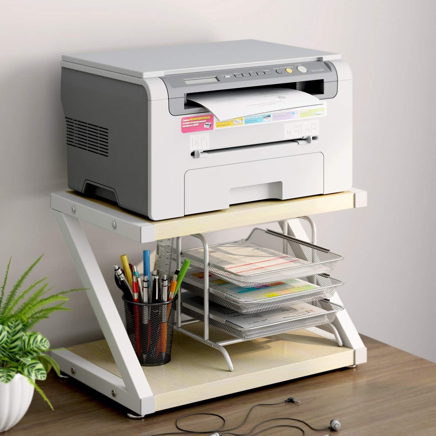 Printer Stand, Desktop Stand for Printer, Printer Stand with Storage, Printer Table Organizer, Printer Shelf W/ 2 Tier Tray & Hardware & Steel