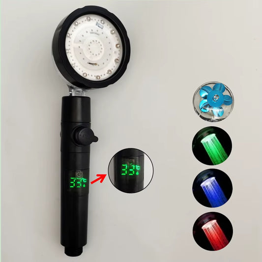 LED Digital Temperature Display Shower Head Black Temperature Control Colorful Fan High Pressure Rainfall Bathroom Showerhead