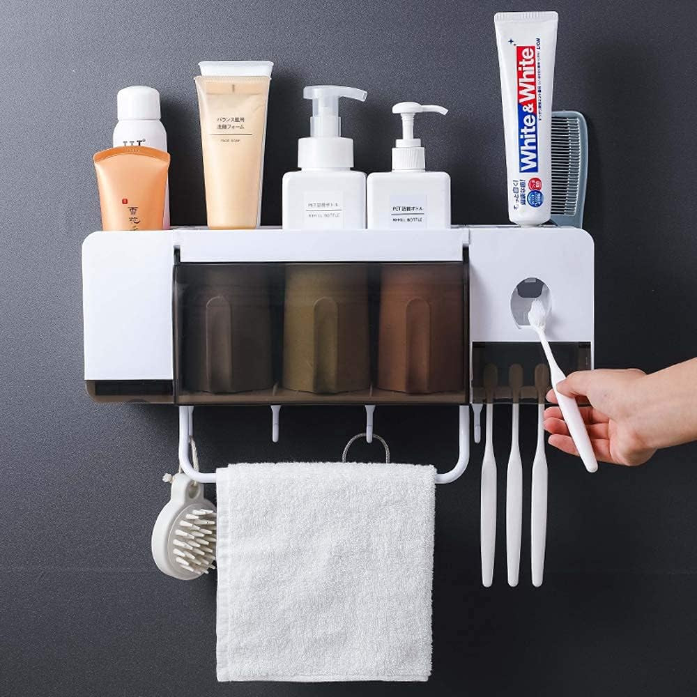 Automatic Toothpaste Dispenser Wall Mounted with Toothbrush Holder, Multi-Functional Space Saving Toothbrush Organizer with 3 Cups, No Drill Need, 4 Brush Slots and Towel Bar No Drill Need