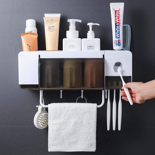 Automatic Toothpaste Dispenser Wall Mounted with Toothbrush Holder, Multi-Functional Space Saving Toothbrush Organizer with 3 Cups, No Drill Need, 4 Brush Slots and Towel Bar No Drill Need