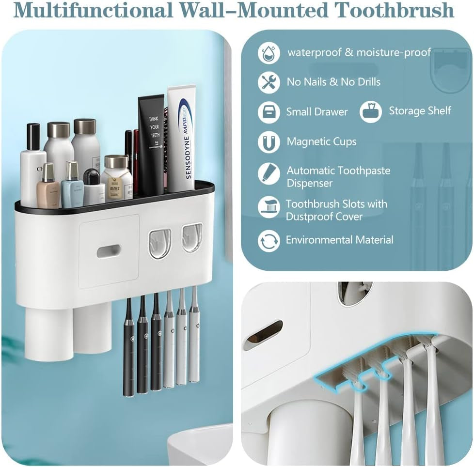 2 Automatic Toothpaste Dispensers,  Toothbrush Holder with Squeezer Kit Wall-Mounted, Multifunctional Bathroom Organizer, 2 Magnetic Cups(2 Cups)