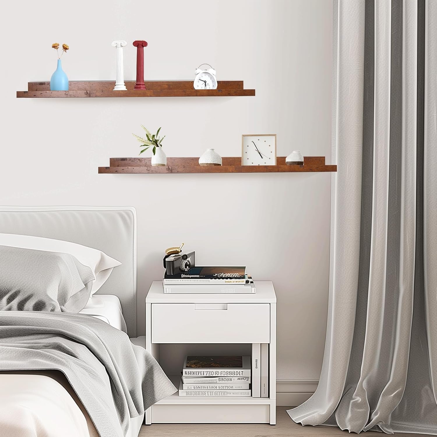 35.4" Large Floating Wall Ledge Shelves with Lip - Set of 2 Rustic Wood Floating Shelves - Honey Brown Wall Mounted Picture Ledge for Office, Bathroom, Bedroom, Living Room, Kitchen