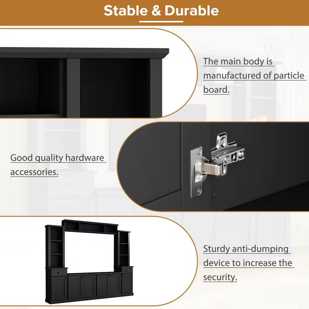 Black Minimalist Entertainment Center Fits Tv'S up to 75 In. with Bridge and Adjustable Shelves