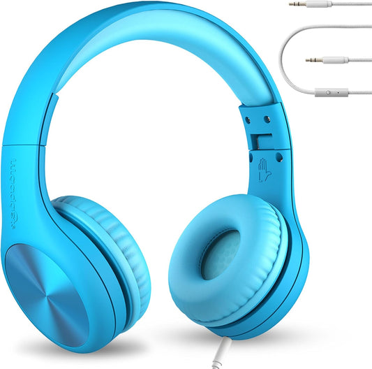 Connect+ Pro Wired Kids Headphones for School W/Microphone, Volume Limiting & Noise Reduction Over-Ear Headset with Cord, Shareport Technology & Softtouch Padding, Blue Headphones for Kids