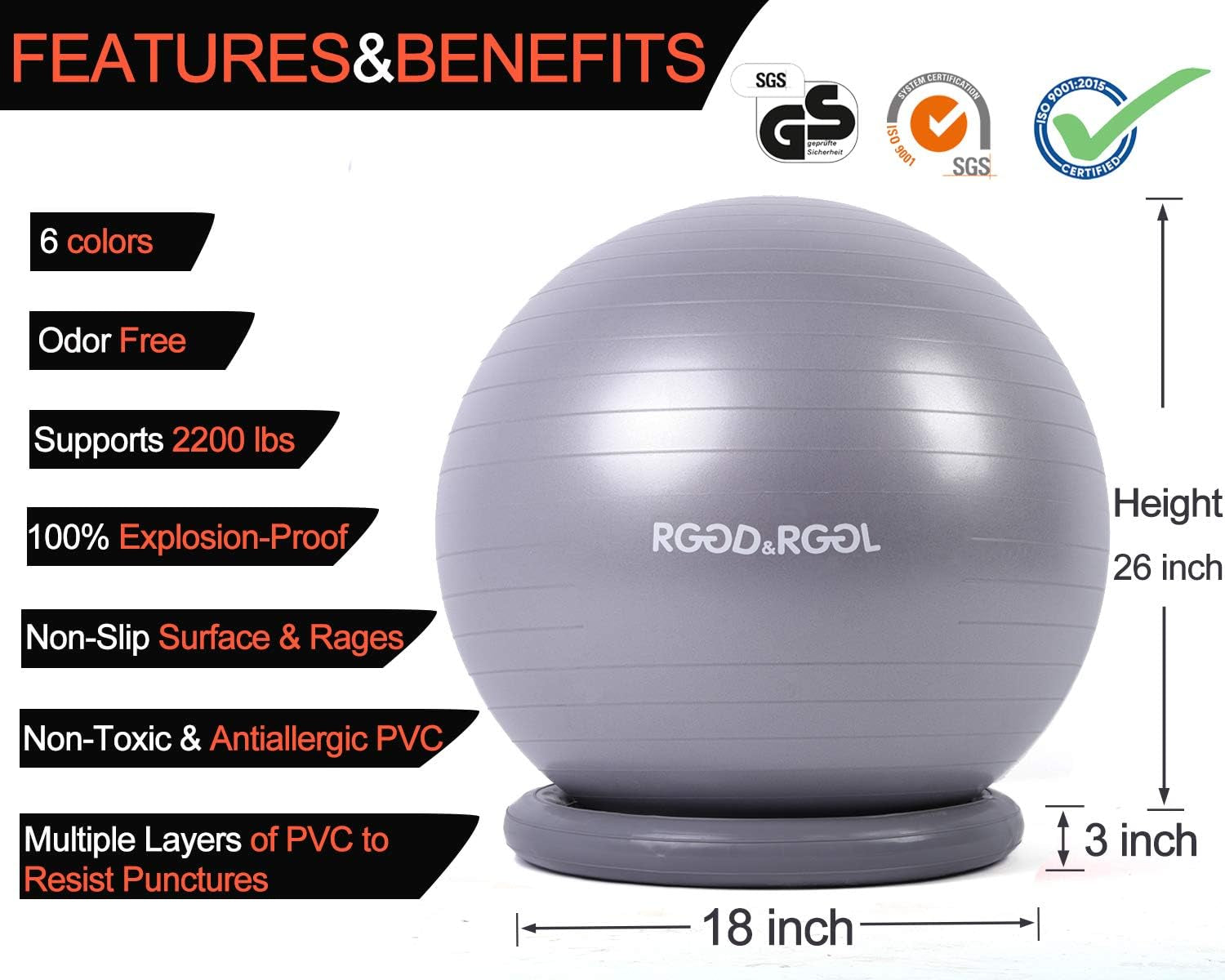 Yoga Ball Chair, Exercise Ball with Leak-Proof Design, Stability Ring&2 Adjustable Resistance Bands for Any Fitness Level, 1.5 Times Thicker Swiss Ball for Home&Gym&Office&Pregnancy (65 Cm)