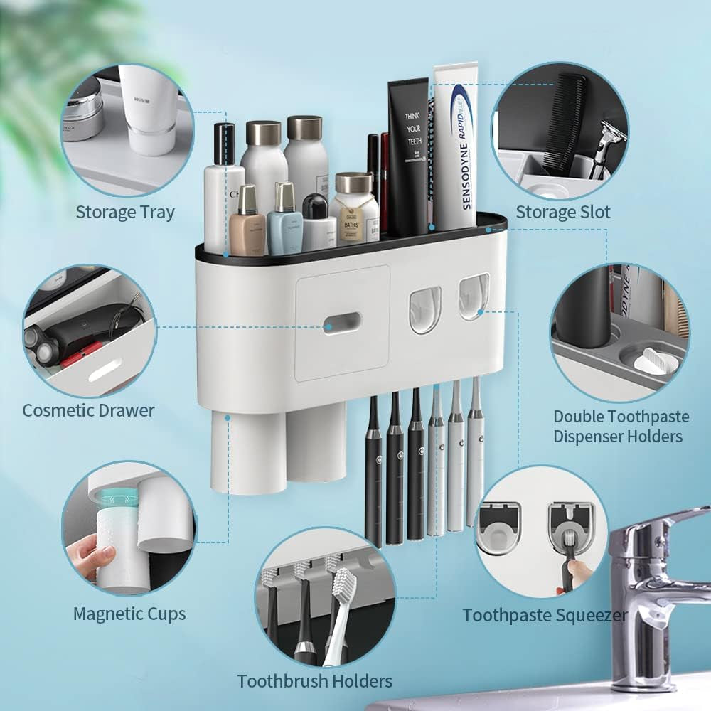 2 Automatic Toothpaste Dispensers,  Toothbrush Holder with Squeezer Kit Wall-Mounted, Multifunctional Bathroom Organizer, 2 Magnetic Cups(2 Cups)