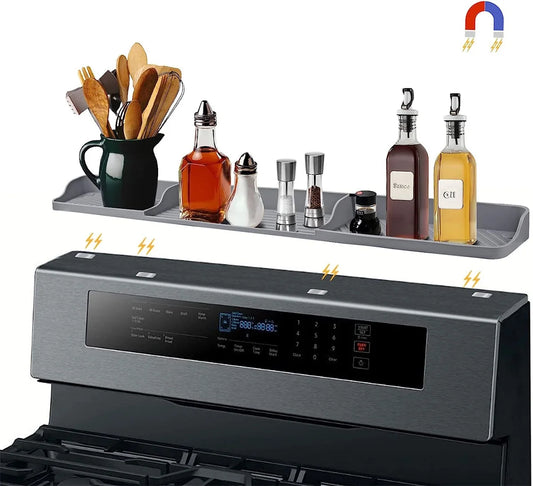 Silicone Magnetic Stove Top Shelf, 30" Length Spice Rack Organizer over the Stove, Heat Insulated Spice Shelf - Zero Installation, Baffles All Around, Non-Slip Kitchen Gadgets (Grey)