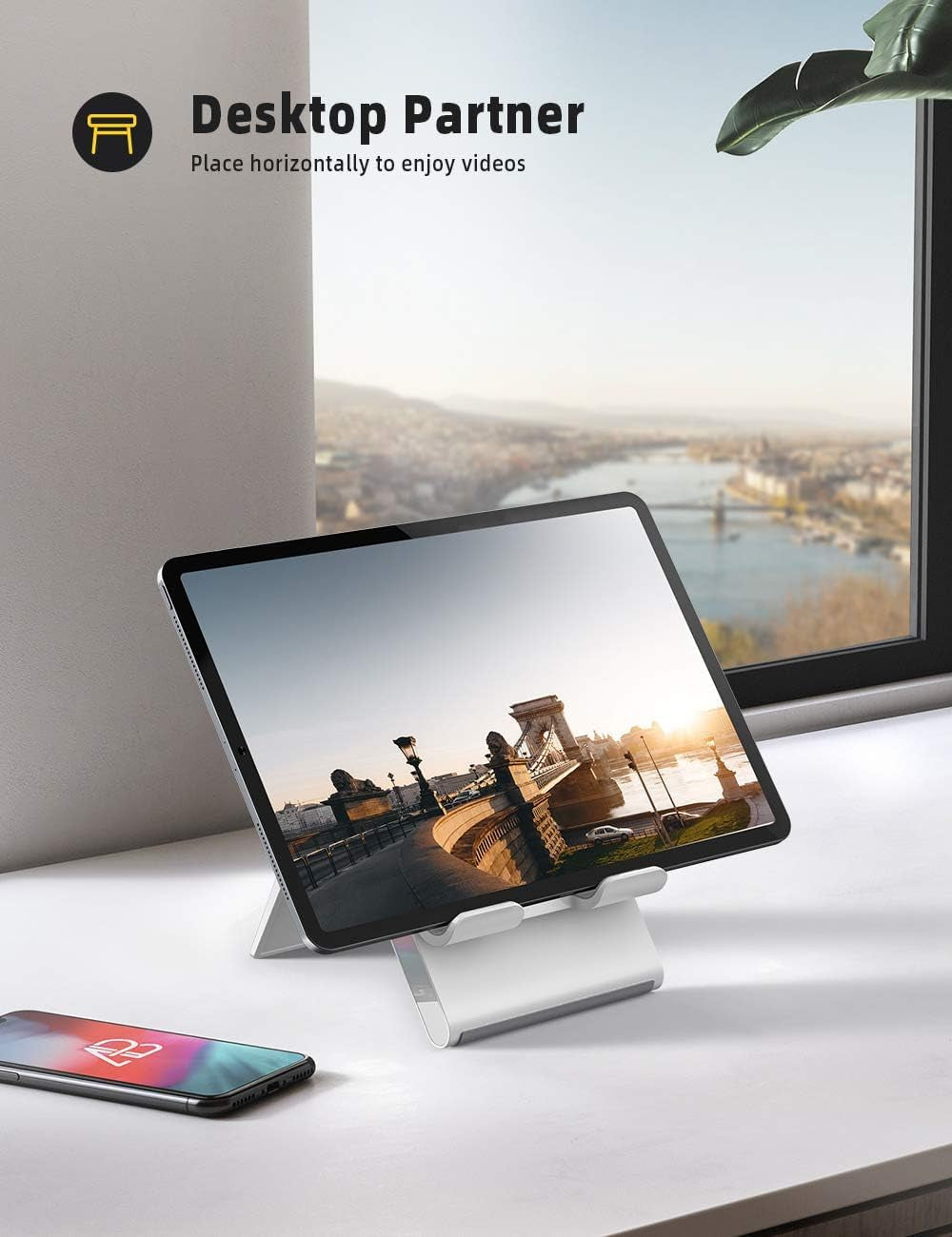 Tablet Stand Holder Adjustable - Foldable Desktop Stand Charging Dock for Desk Compatible with 4-13" Tablet Such as Ipad Pro 11, 9.7, 10.5, 12.9 Air Mini 4 3 2, Kindle, Nexus, Tab - White