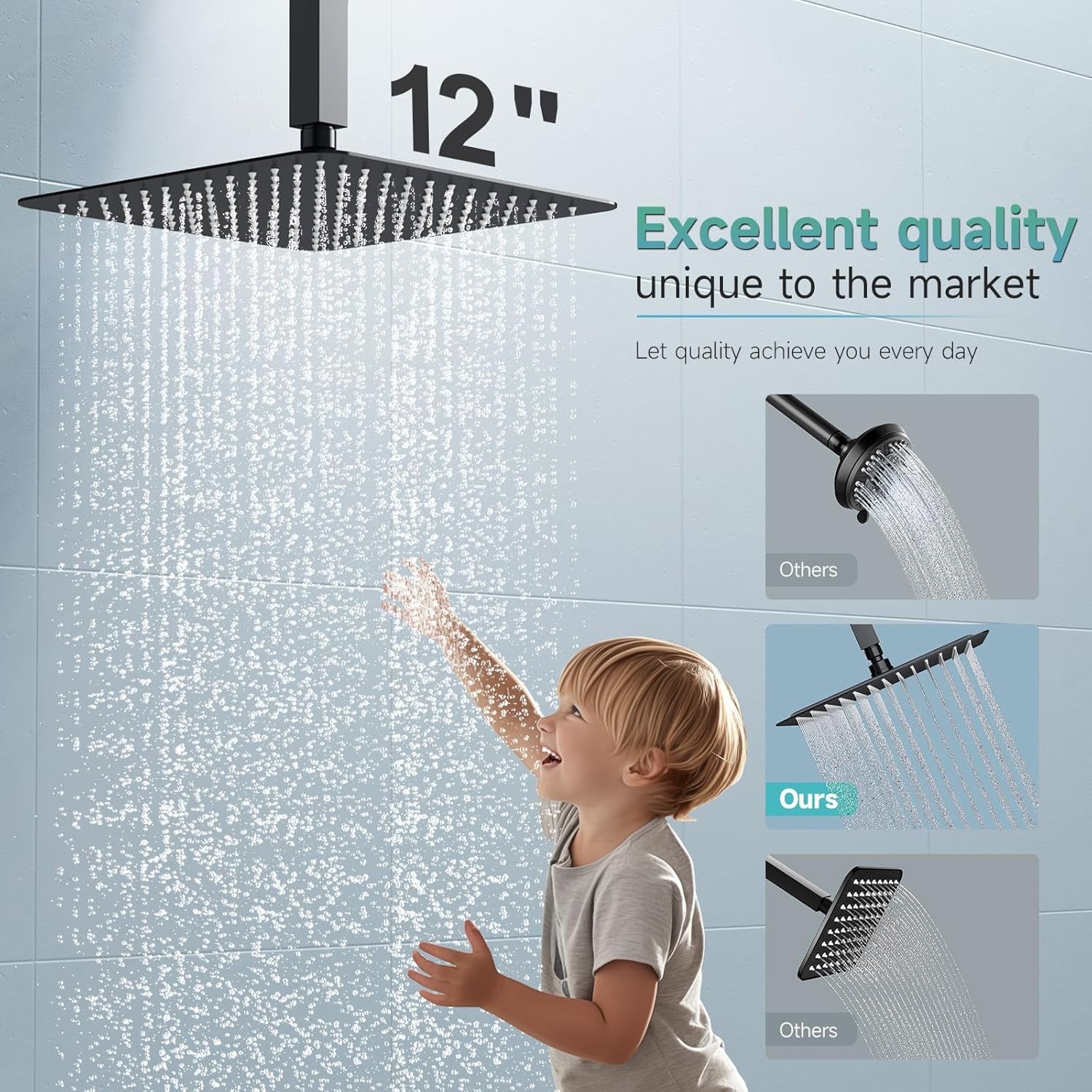 12 Inch Rain Shower Head 304 Stailess Steel Matte Black High Pressure Rainfall Showerhead Water Saving