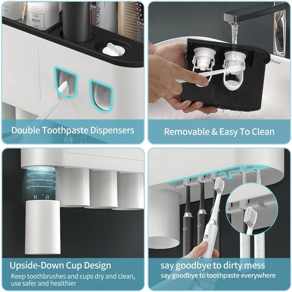 2 Automatic Toothpaste Dispensers,  Toothbrush Holder with Squeezer Kit Wall-Mounted, Multifunctional Bathroom Organizer, 2 Magnetic Cups(2 Cups)