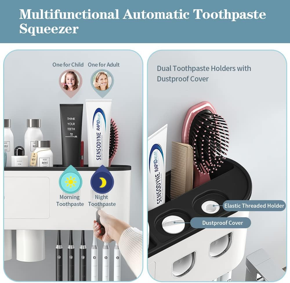 2 Automatic Toothpaste Dispensers,  Toothbrush Holder with Squeezer Kit Wall-Mounted, Multifunctional Bathroom Organizer, 2 Magnetic Cups(2 Cups)