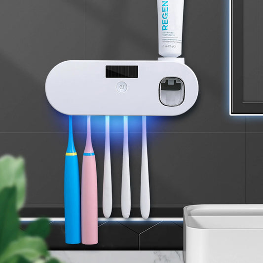 Wall Mounted Toothbrush Holder with Toothpaste Dispenser, Electric Toothbrush Holder for Bathroom, Smart Clean Toothbrush Organizer with 5 Brush Slots, Toothbrush Organizer for Ladies Baby Family
