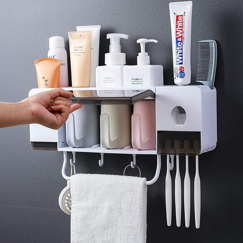 Automatic Toothpaste Dispenser Wall Mounted with Toothbrush Holder, Multi-Functional Space Saving Toothbrush Organizer with 3 Cups, No Drill Need, 4 Brush Slots and Towel Bar No Drill Need