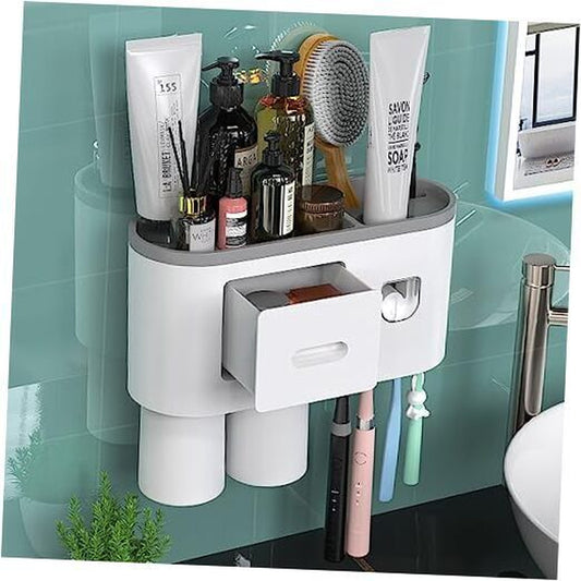 Toothbrush Holder Wall Mounted, Automatic Toothpaste Dispenser 2 Cups Grey