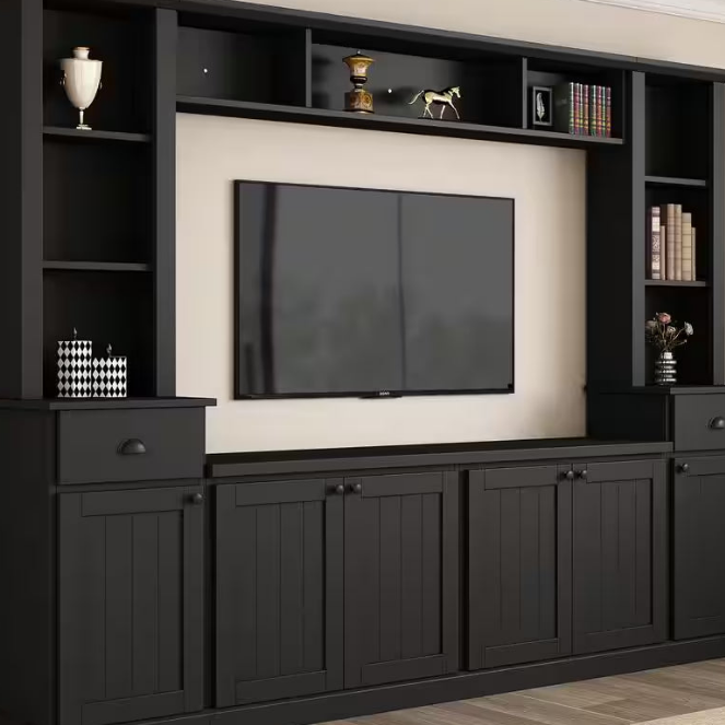 Black Minimalist Entertainment Center Fits Tv'S up to 75 In. with Bridge and Adjustable Shelves