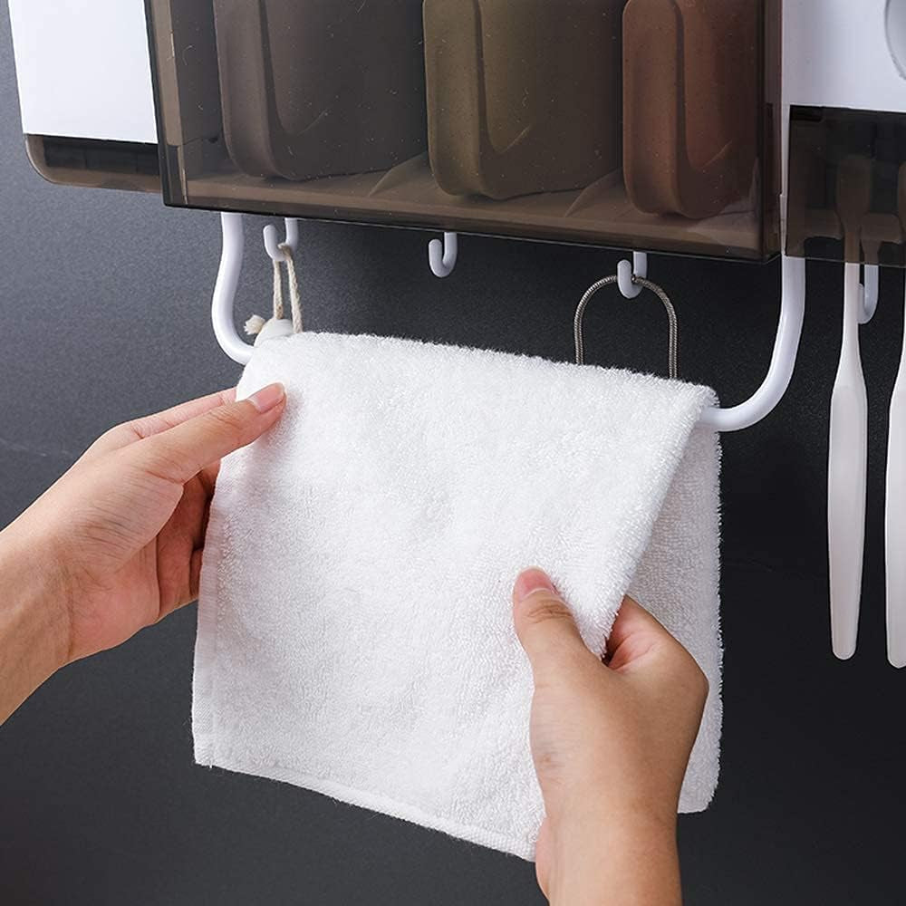 Automatic Toothpaste Dispenser Wall Mounted with Toothbrush Holder, Multi-Functional Space Saving Toothbrush Organizer with 3 Cups, No Drill Need, 4 Brush Slots and Towel Bar No Drill Need