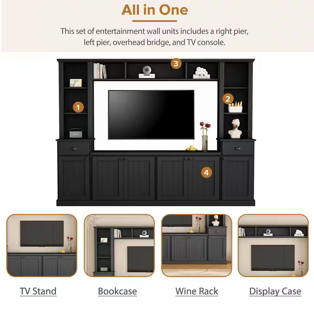 Black Minimalist Entertainment Center Fits Tv'S up to 75 In. with Bridge and Adjustable Shelves