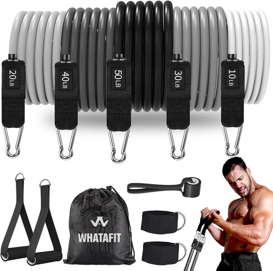 WHATAFIT Resistance Bands Set, Exercise Bands with Door Anchor, Handles, Waterproof Carry Bag, Legs Ankle Straps for Resistance Training, Physical Therapy, Home Workouts (White to Black)