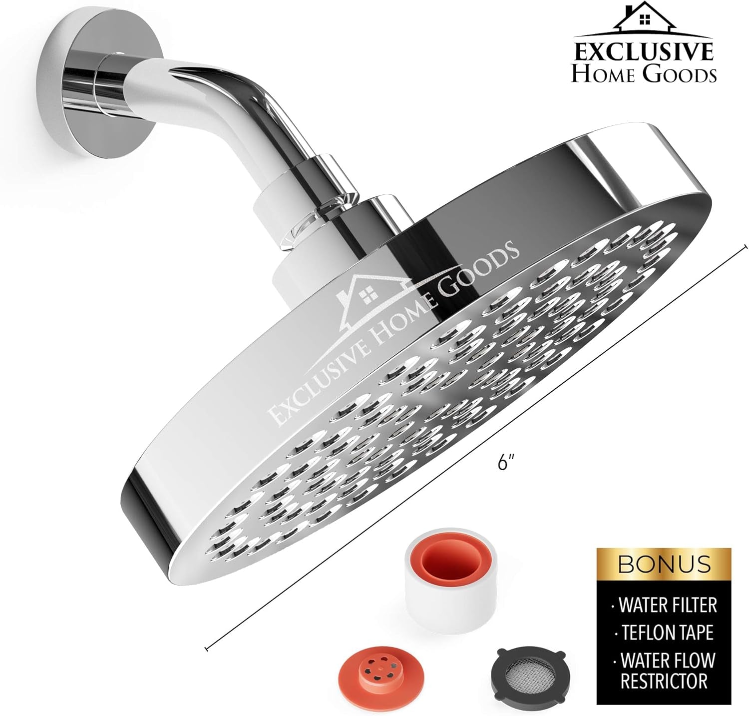 -Luxury Rainfall Shower Head - High-Pressure Showerhead Jets, Rain Shower Head Ant-Clog Silicone Nozzles (2.5 GPM, 6 Inch Diameter, Deluxe Chrome)