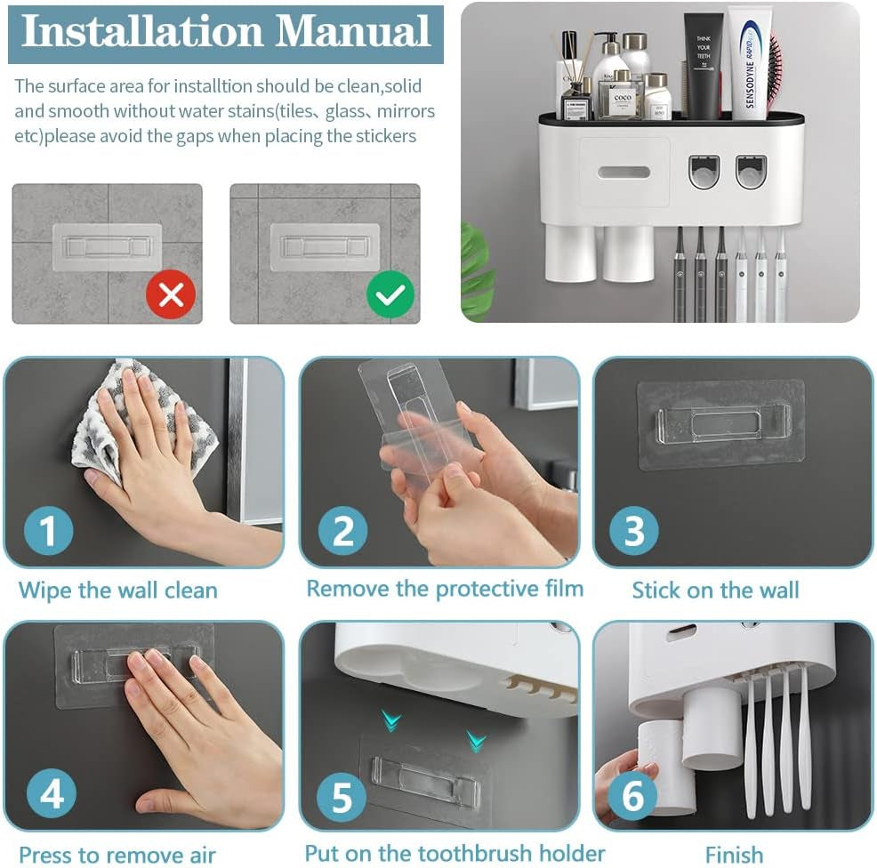 2 Automatic Toothpaste Dispensers,  Toothbrush Holder with Squeezer Kit Wall-Mounted, Multifunctional Bathroom Organizer, 2 Magnetic Cups(2 Cups)