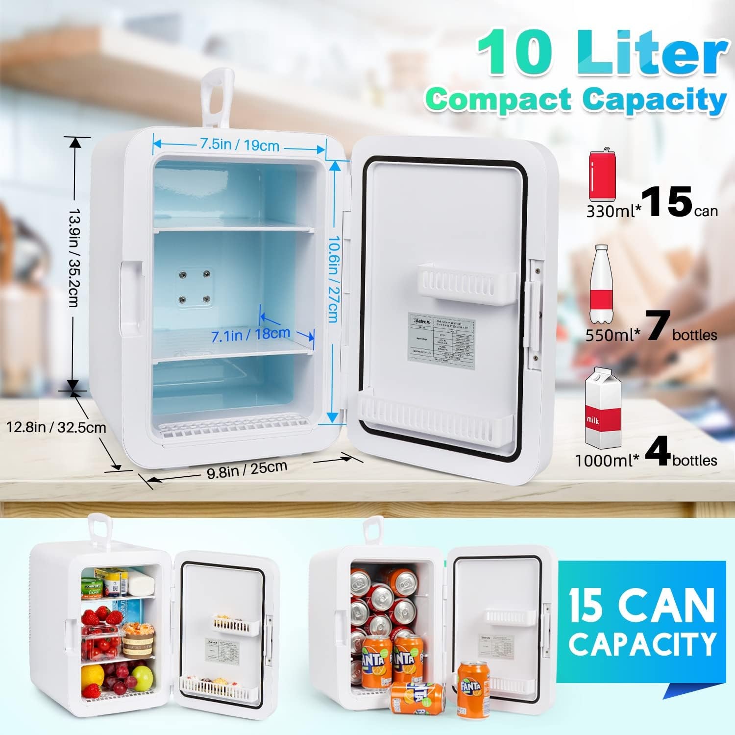 Mini Fridge,15 Can 10 Liter Coolers & Refrigerators Mini Cooler Warmer, AC/DC Thermoelectric Skincare Fridge for Beverage, Bedroom,Office,Travel,Etl Listed (Black)