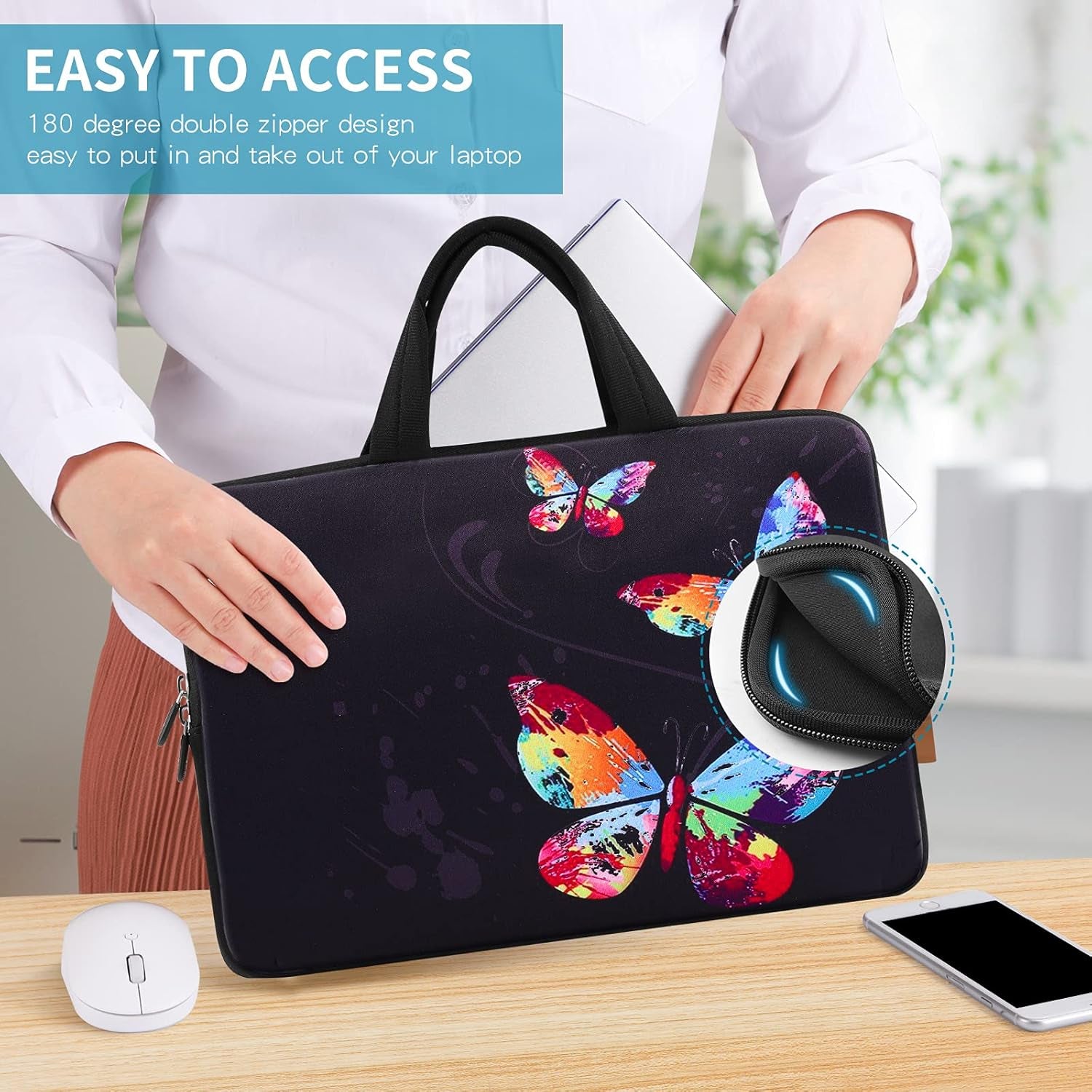 14.5 15 15.4 15.6 Inch Laptop Bag Sleeve Carrying Case with Handle - Portable Chromebook/Ultrabook/Notebook/Netbook Case Pouch - Computer Protective Cover Travel Briefcase, Butterflies