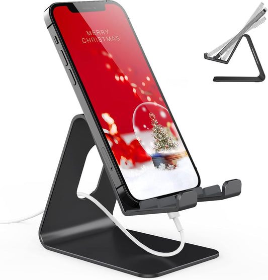 Adjustable Cell Phone Stand, Desk Cell Phone Holder, Aluminum Phone Stand for Desk with Anti-Slip Base and Charging Port, Iphone Dock Compatible with More 4-11'' Cellphone and Tablets(Black)