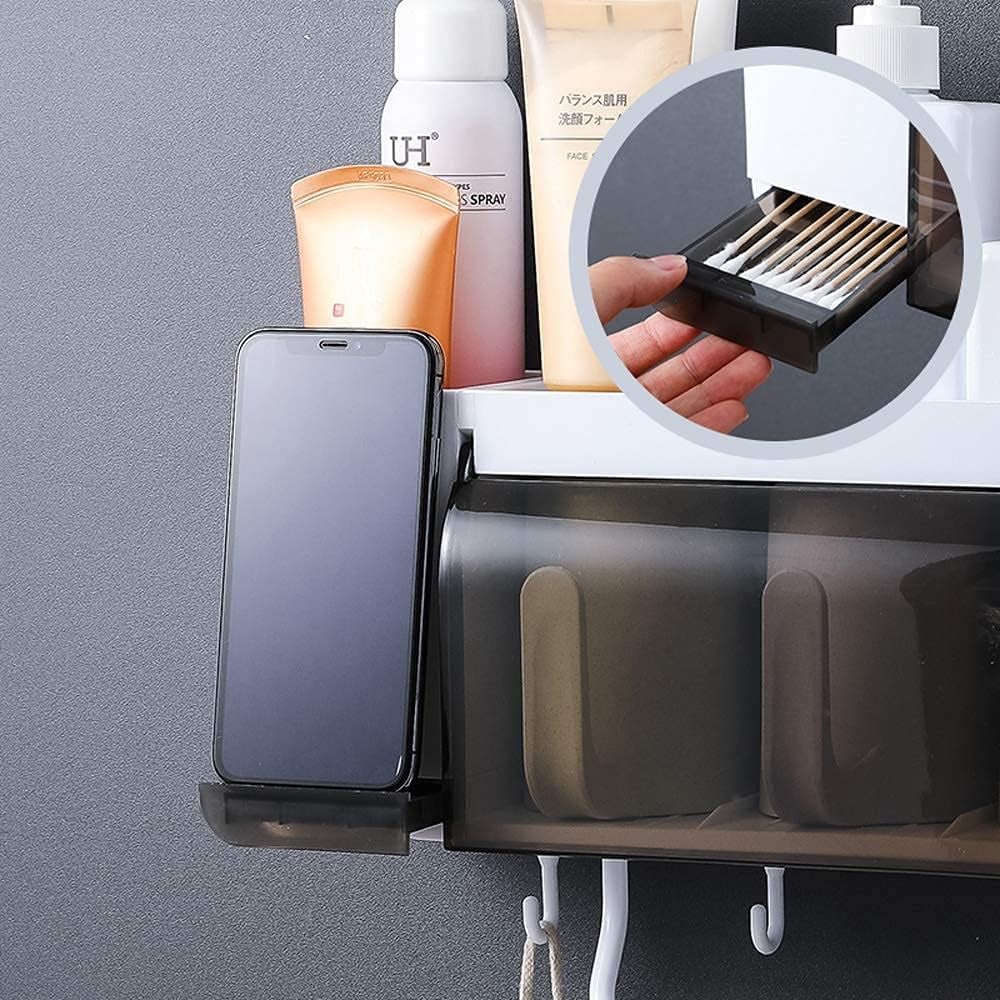 Automatic Toothpaste Dispenser Wall Mounted with Toothbrush Holder, Multi-Functional Space Saving Toothbrush Organizer with 3 Cups, No Drill Need, 4 Brush Slots and Towel Bar No Drill Need