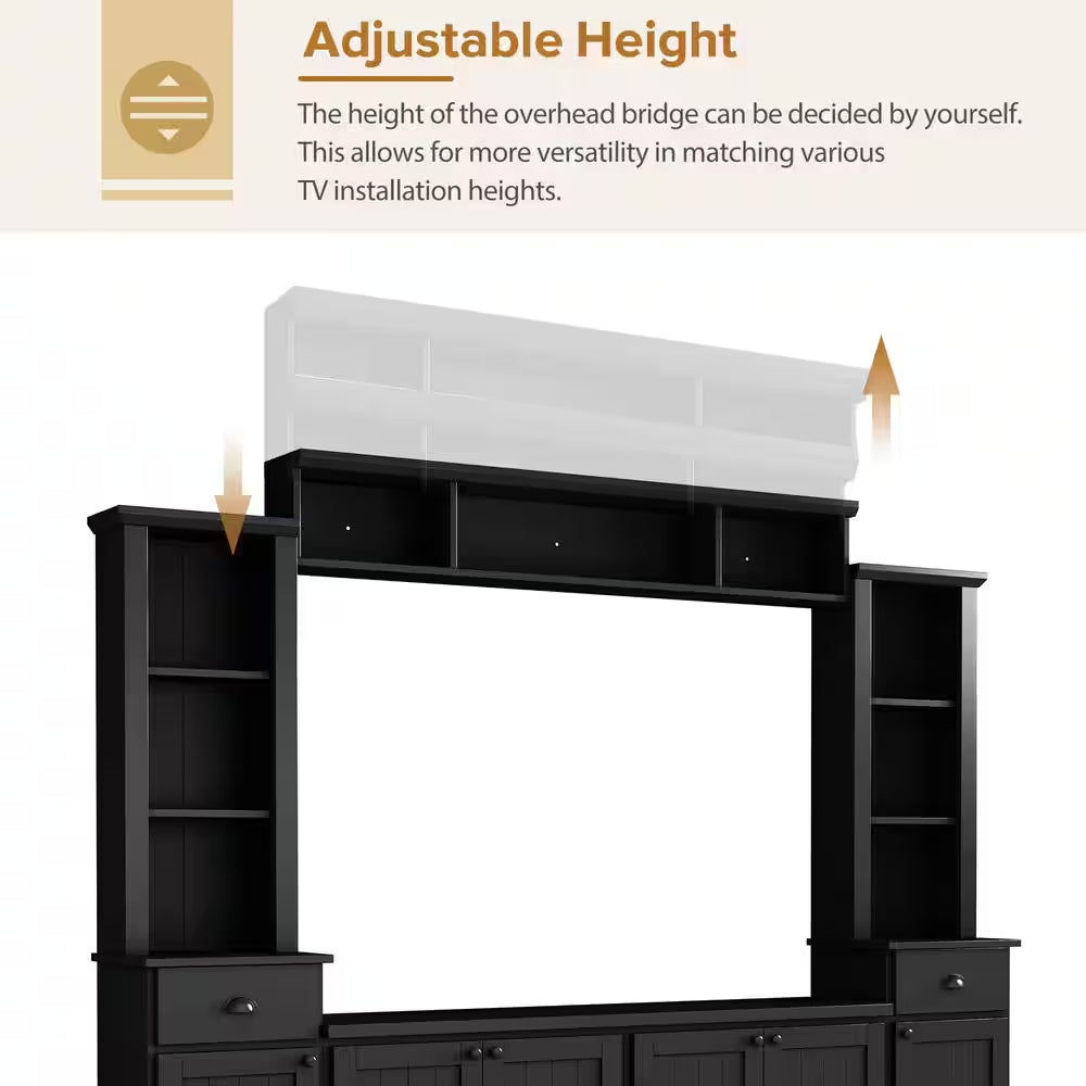 Black Minimalist Entertainment Center Fits Tv'S up to 75 In. with Bridge and Adjustable Shelves