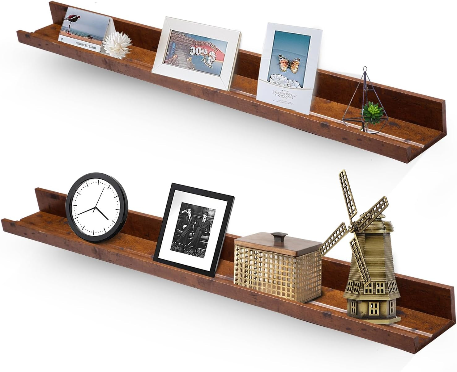 35.4" Large Floating Wall Ledge Shelves with Lip - Set of 2 Rustic Wood Floating Shelves - Honey Brown Wall Mounted Picture Ledge for Office, Bathroom, Bedroom, Living Room, Kitchen