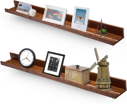 35.4" Large Floating Wall Ledge Shelves with Lip - Set of 2 Rustic Wood Floating Shelves - Honey Brown Wall Mounted Picture Ledge for Office, Bathroom, Bedroom, Living Room, Kitchen