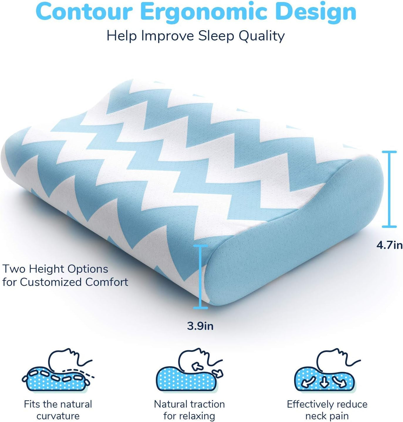[2-Pack] Contour Memory Foam Pillow Set of 2, Ergonomic Cervical Pillow for Neck Support, Cooling Gel Pillow for Sleeping, Side Sleeper Pillow for Neck Pain, with Bamboo Viscose Washable Cover