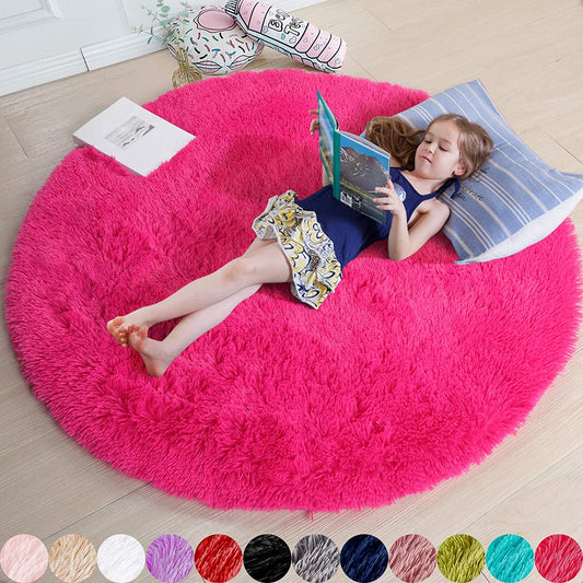 Hot Pink round Rug 4Ft for Girls Bedroom, Fluffy Circle Area Rugs for Kids Room Decor Aesthetic, Shag Plush Fuzzy Furry Carpet for Living Room, Nursery, Dorm, Classroom, Teen, Cute Baby Barbie Rug